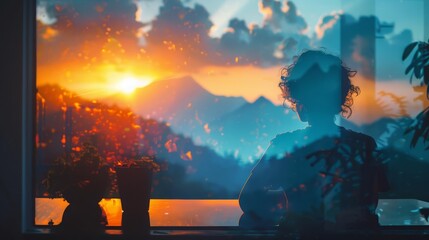 Remote work with nature view (close up, focus on, copy space) Fresh and vibrant palette Double exposure silhouette with mountains ,