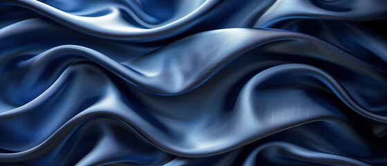 Fototapeta premium Navy Blue Satin Drape: A luxurious navy blue satin fabric drapes in soft, flowing waves, creating an elegant and sophisticated backdrop. The deep, rich color evokes a sense of calm and refinement. 