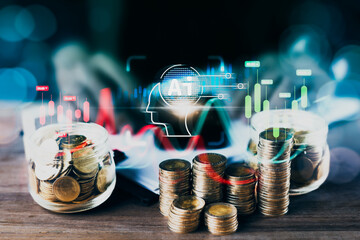 Ai Investment: Coins and AI Head Analyzing Trade Chart
