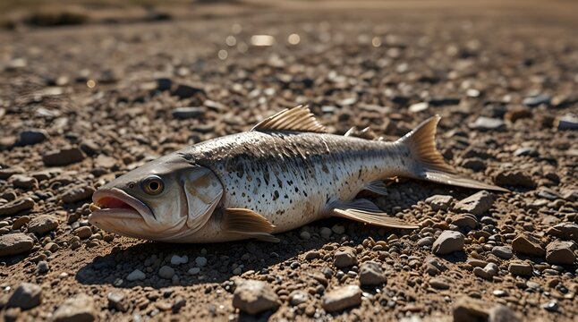 Closeup of dead fish on a dried river bed result of water shortage.generative.ai