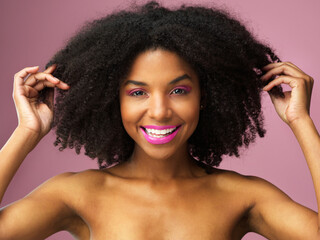 Afro, haircare and face of black woman, makeup and studio for hairstyle, growth and texture of...