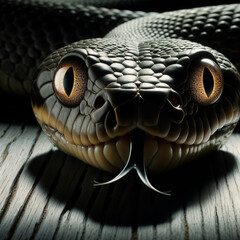 Close-Up of a Black Snake With Forked Tongue on Wooden Surface at Night