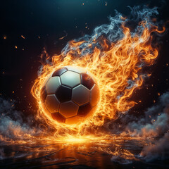 Fototapeta premium Fiery Soccer Ball Flying Through Dark Smoky Sky at Night