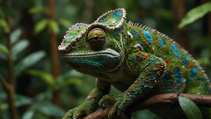 Obraz premium portrait of a beautiful green and colorful iguana relaxing on a tree trunk with a blurred background