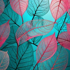 Colorful Macro Leaves Background Texture in Blue, Turquoise, and Pink - Graphic Design, Printed Materials, Interior Decoration, Fashion, and Sustainability