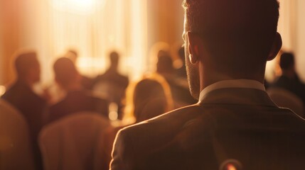 Pensive man amidst sunlight filtering through a gathering