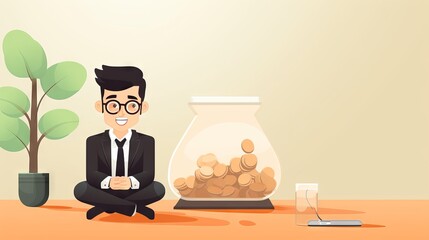 Cartoon businessman in formal suit sitting next to a coin jar and laptop, symbolizing investment and financial planning in a modern office.