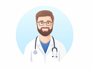 Fototapeta premium Illustration of a friendly male doctor with glasses and a stethoscope, smiling in a white coat against a light blue background.