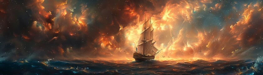 Obraz premium A sailing ship on the edge of a flat world in outer space, highlighting an adventurous and fantastical scene, Conceptual, Contrasting tones, Digital Painting