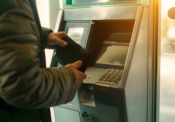 "Man Using ATM Machine for Automatic Savings, Holding Black Wallet