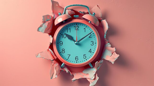 Alarm clock with pause sign being held through a ripped paper hole, symbolizing the concept of pausing time, Clean, Pastel colors, Digital