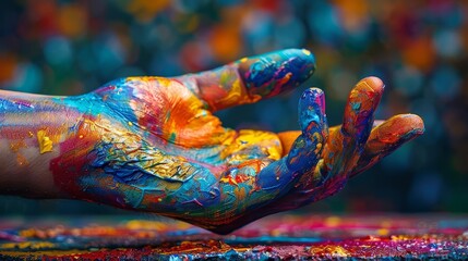 Hand covered in vibrant paint, pointing forward, colorful and dynamic, close-up shot