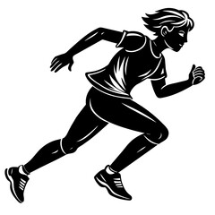 Black and white silhouette of person running on a white background