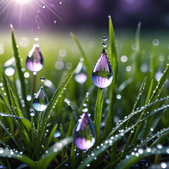 Grass with rain drops. Watering lawn. Rain. Blurred green grass background with water drops closeup. Nature. Environment concept
