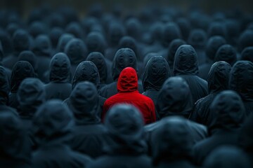 Obraz premium One red individual in a crowd of black figures, illustrating individuality and differentiation, Clean, High contrast, Digital Art