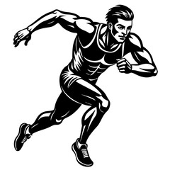 Black and white silhouette of person running on a white background