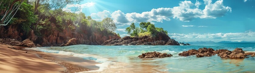 Fototapeta premium Scenic tropical beach with clear blue sky, lush greenery, and rocky shoreline on a sunny day. Perfect for summer vacation and travel themes.