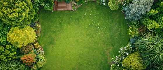 Aerial view of a lush green garden with neatly manicured lawn surrounded by various trees and plants in vibrant colors.