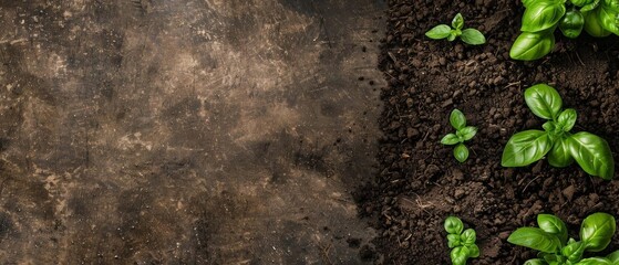 Top view of young green plants sprouting in dark soil with copy space on rustic background. Concept of growth, gardening, and agriculture.