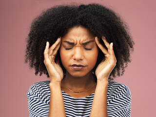 Black woman, studio and hands for tension headache, medical issue or stress for career. Frustrated...