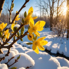 Hoa Mai tree (Ochna Integerrima) flower, traditional lunar new year (Tet holiday) in Vietnam. Two tulips pointing at the sky next to the forest yellow tulips symbolizing glory.