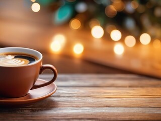 A cup of coffee sits on a wooden table. Revealing beautiful wood grain and decorations Bokeh background from light and warm glow