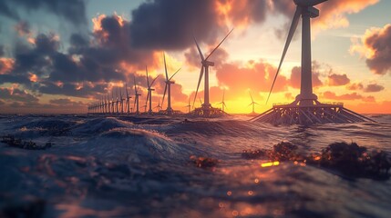 A network of tidal energy converters at a coastal site, shown during sunset with turbines partially submerged and harnessing wave power.