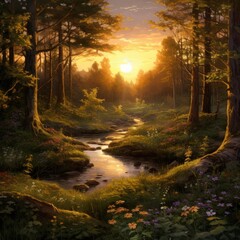 Fototapeta premium A tranquil forest stream winds through lush greenery bathed in warm sunlight. Vibrant flowers bloom along the banks