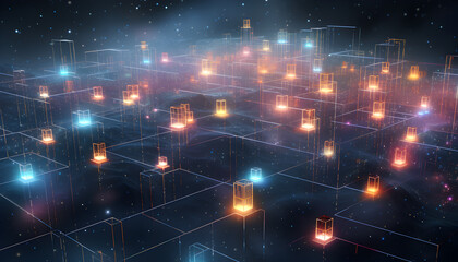 3D render of abstract futuristic glowing grid city with interconnected light pillars