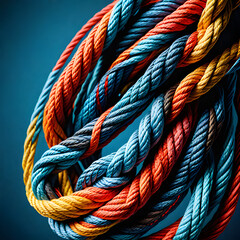 A close-up of colorful intertwined ropes, showcasing a spectrum of bright bold colors used in maritime settings, illustrating strength and utility in marine environments