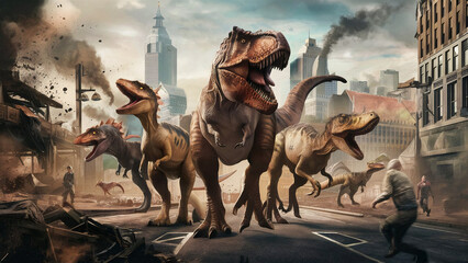 Naklejka premium Dinosaurs roam the city.