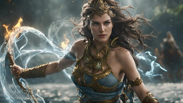 A beautiful, strong female character, wielding the powers of fire and electricity in dynamic fighting stances