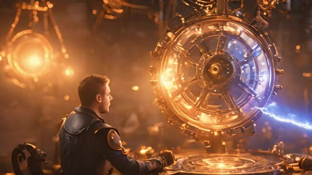 A person stands in front of a fascinating steampunk machine, glowing with blue energy. The detailed gears and pipes create a feeling of awe