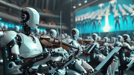 Fototapeta premium A futuristic robot orchestra captivates the audience in a holographic arena, offering an immersive musical experience.