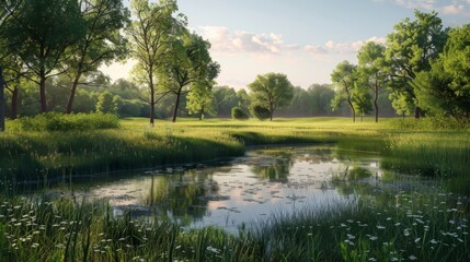 Peaceful Meadow with Pond and Trees