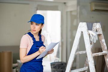 Positive young adult female foreman in uniform holding home plan, planning concept of modification...