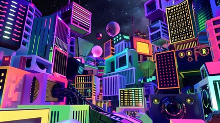 Obraz premium A whimsical cyberpunk cityscape with towering buildings pulsing to thumping bass lines of a virtual concert.