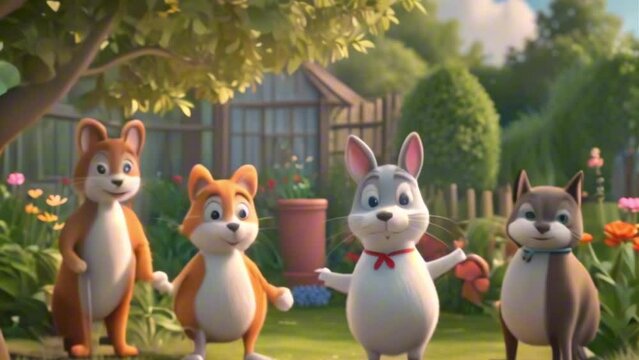 a group of animated animals standing next to a tree