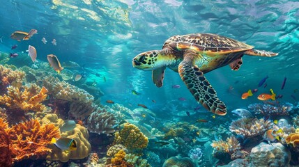Fototapeta premium Sea Turtle Swimming Among Colorful Coral Reefs