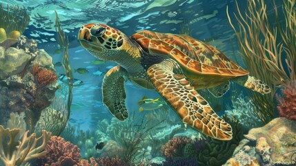 Obraz premium Sea Turtle Gliding Through Colorful Coral Reef