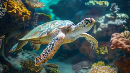 Fototapeta premium Sea Turtle Gliding Through Colorful Coral Reef
