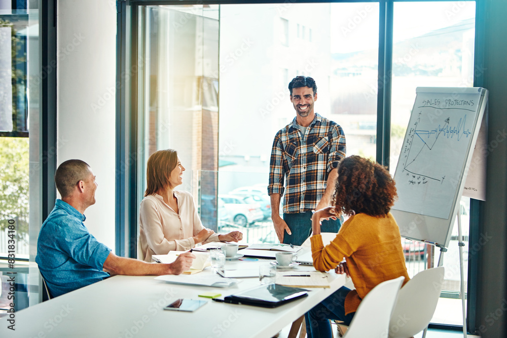 Aufkleber business people, man and presentation in boardroom with statistics for company growth and graph with