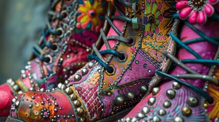 Fototapeta premium Detailed close-up of vibrant punk rock leather shoes, showcasing bold patterns, metal embellishments, and vivid colors
