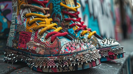 Fototapeta premium Close-up of vibrant punk-themed leather shoes with bold studs, spikes, and colorful graffiti-style designs
