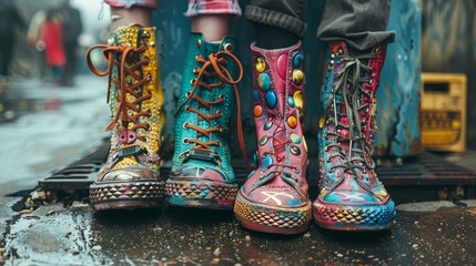 Detailed close-up of a punk couple's shoes, showcasing vintage designs, vibrant colors, and distressed leather with studs