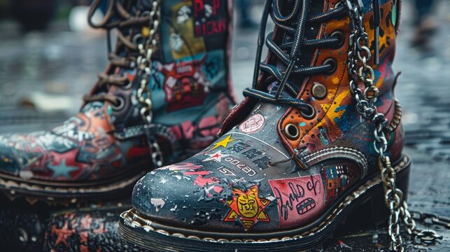 Detailed close-up of punk rock leather boots featuring intricate laces, chains, and vibrant patches with rebellious artwork