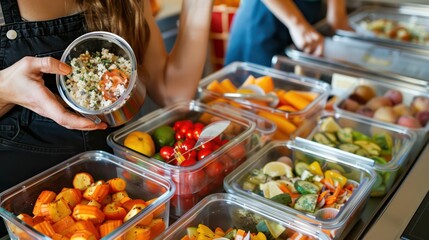 Fototapeta premium Reusable Food Containers: Photograph people packing lunches in reusable food containers made from stainless steel, glass, or silicone, promoting waste-free alternatives to disposable plastic.