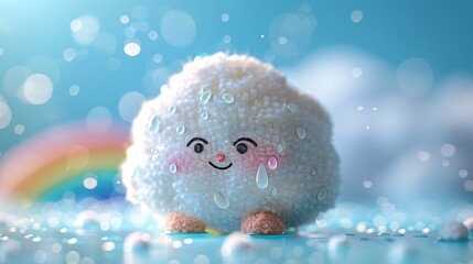 A fluffy pom-pom art toy cloud with a friendly smile and raindrops stitched onto it. The front view shows it with a sunny face, the back view reveals the raindrops. A bright blue sky with fluffy