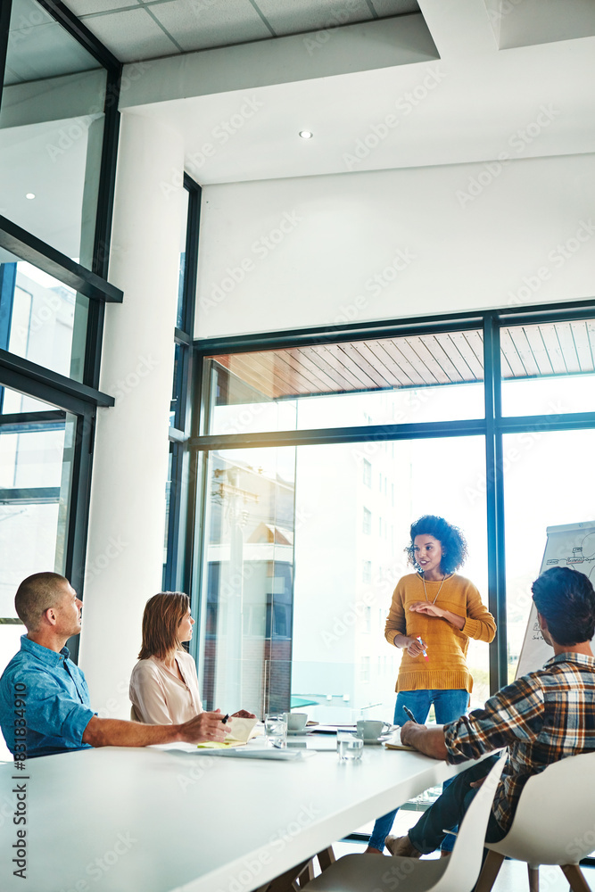 Sticker Business people, woman and presentation in boardroom with speaker for company growth and financial training. Discussion, employee or meeting in conference room with collaboration on corporate project