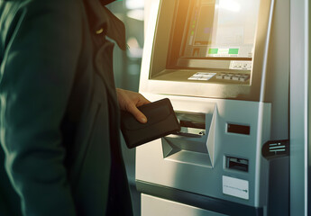 "Man Using ATM Machine for Automatic Savings, Holding Black Wallet